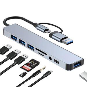 8-in-1 USB-C Hub Type-C to USB 3.0/2.0, SD/TF Card Reader, 3.5mm Audio